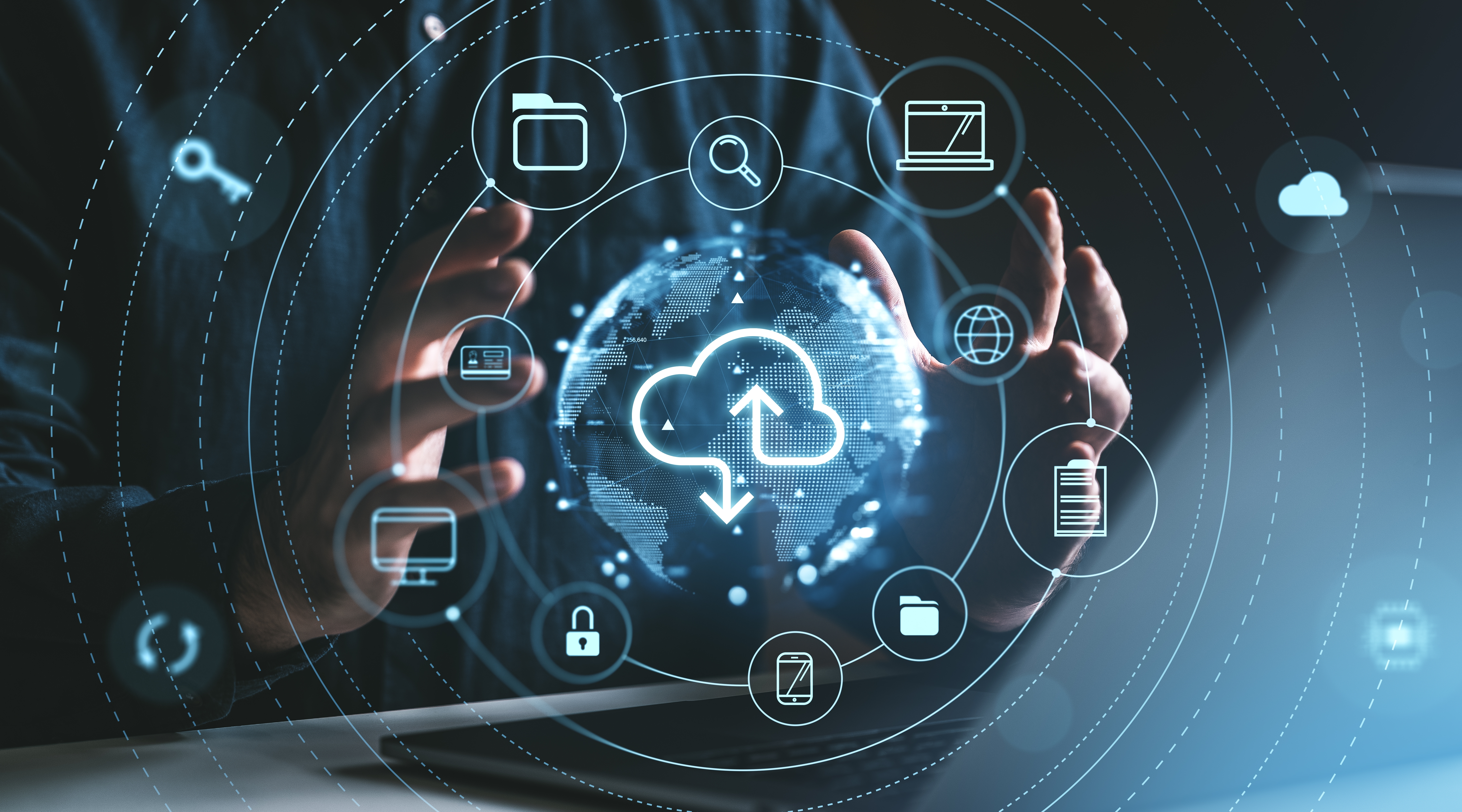 Hands surround a digital globe with cloud storage icons, on a dark background. Represents online data storage and security